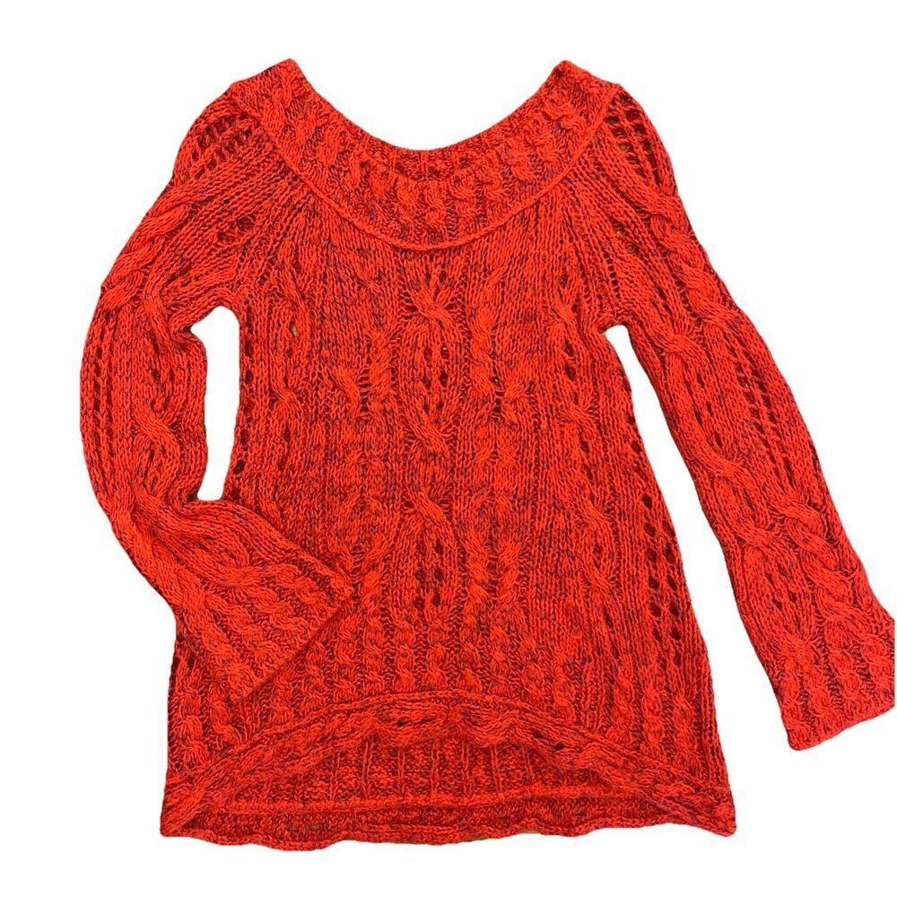 Free People Cable Knit Red Sweater Boho Bell Sleeve Size Small Petite Festival